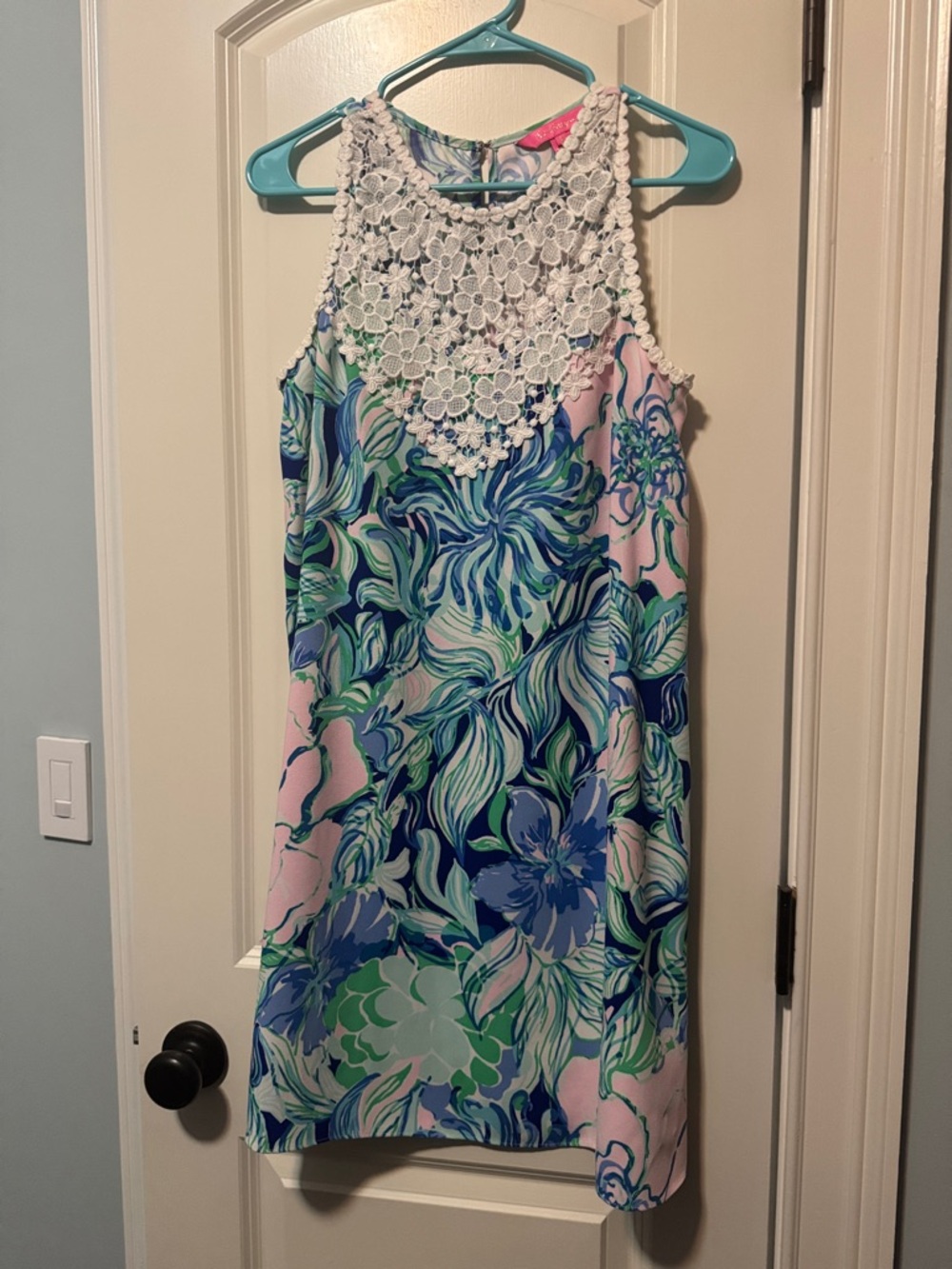 Lilly Pulitzer Pink, Blue & Green Floral Dress with Crochet